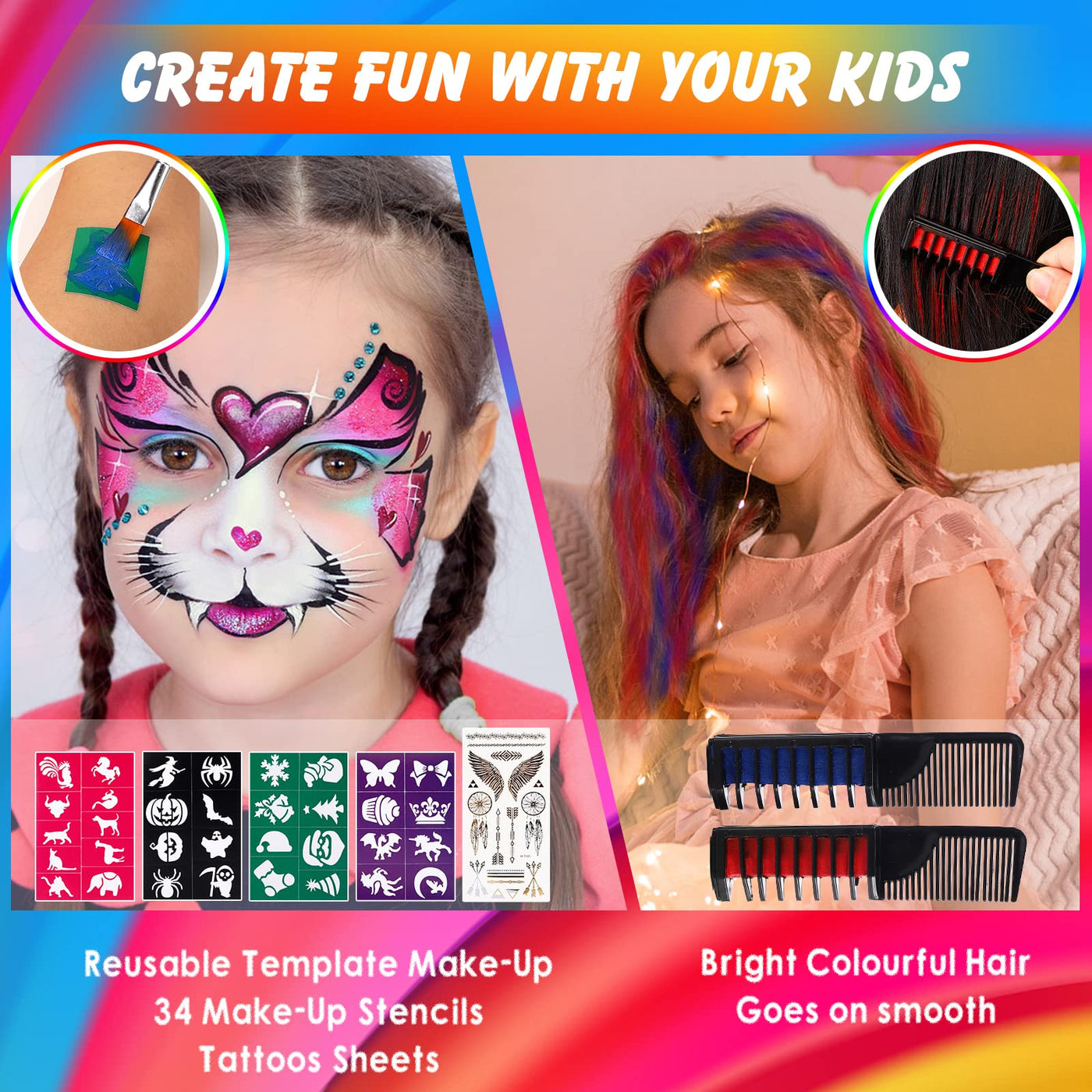 Children's make-up set, 20 colors water-based, quick-drying, non-toxic children's make-up, hair crayons brushes body paints children's make-up, face paints for dressing up carnival make-up