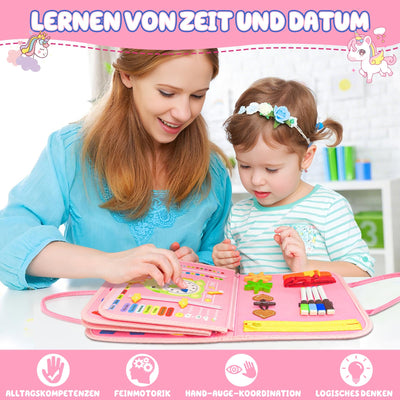 Beschäftigtes Brettmotorspielzeug aus Filz mit Buchstaben, Zahlen, Farben, Formen & Uhr