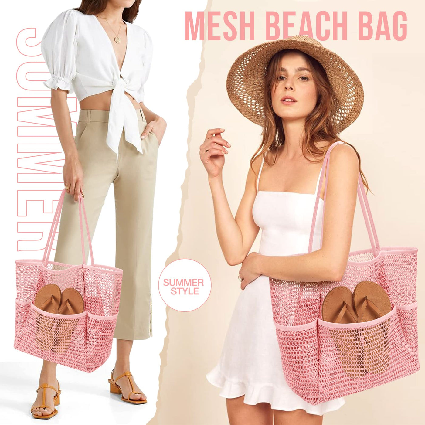 Sac de plage en maille, grand, pliable, sac de natation en maille avec poches, étanche au sable, étanche à l'eau