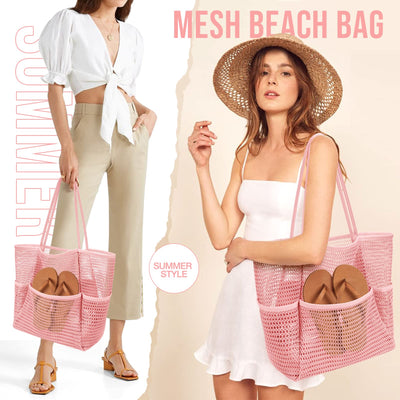 Sac de plage en maille, grand, pliable, sac de natation en maille avec poches, étanche au sable, étanche à l'eau