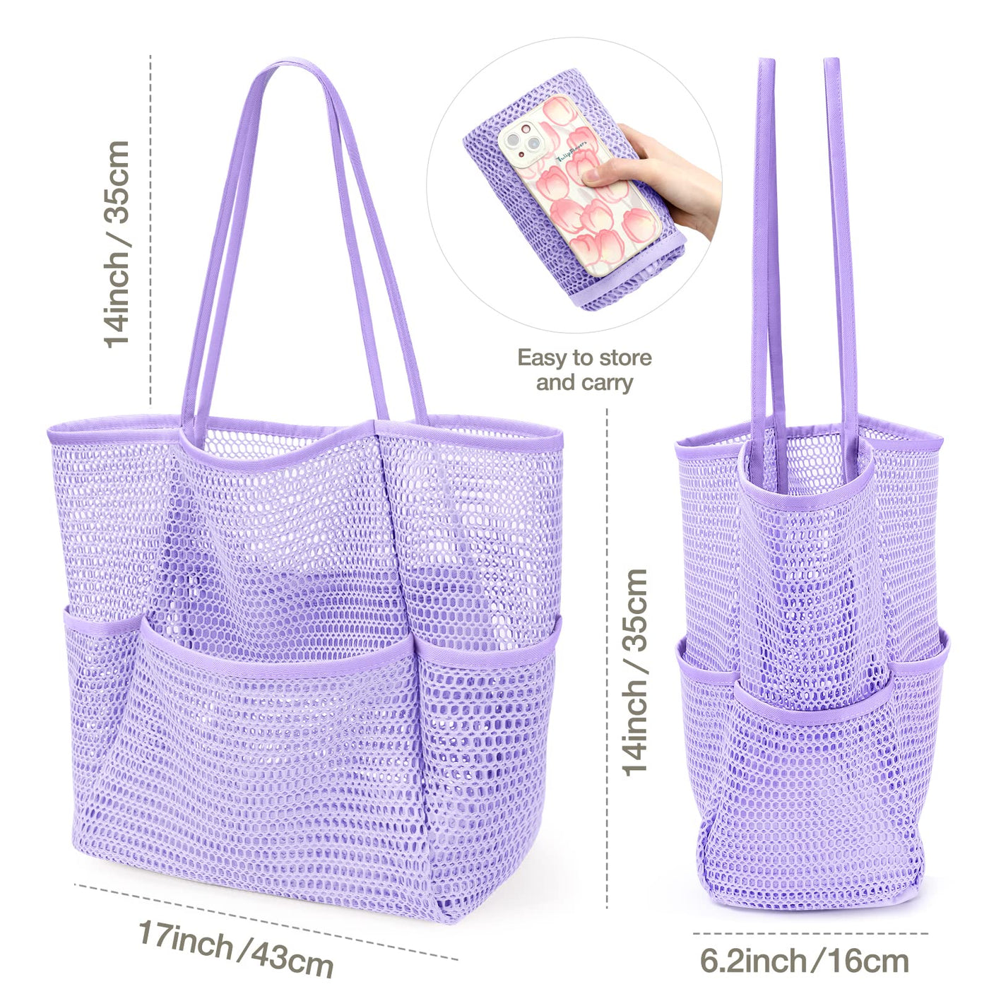 Sac de plage en maille, grand, pliable, sac de natation en maille avec poches, étanche au sable, étanche à l'eau