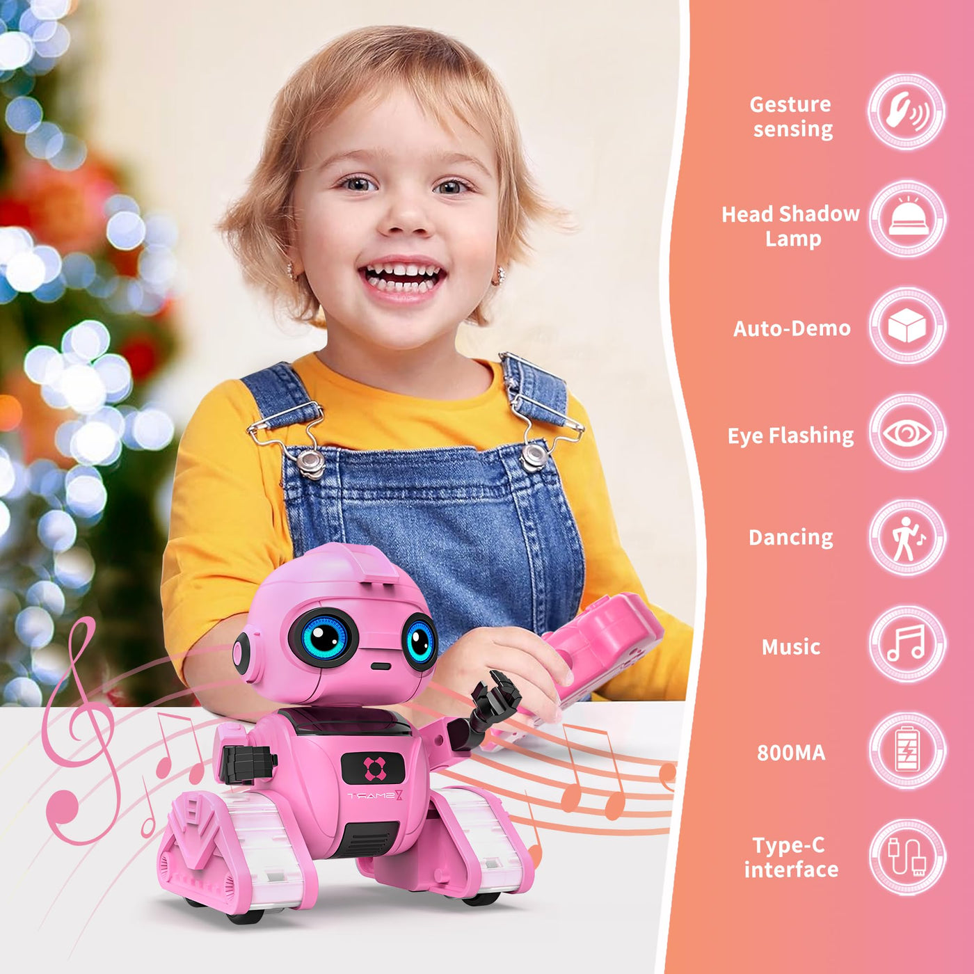 Jouet Robot pour Enfants - Rechargeable, Yeux LED et Musique, Robot RC avec Capteur de Geste