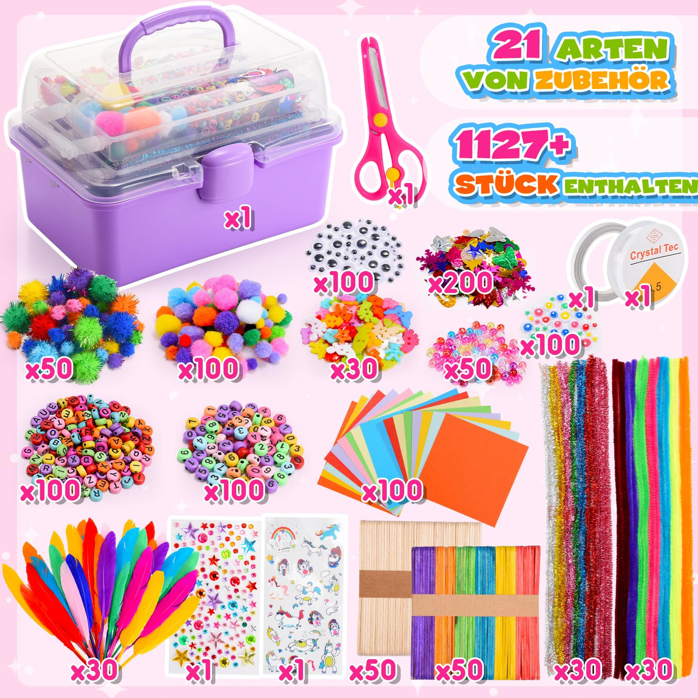 Bastelset für Kinder, 1127+Stücke Bastelkoffer für Kinder Bastelkoffer
