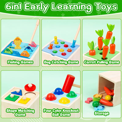 5 In 1 wooden toy baby sorting & stacking toy motor skills toy fishing game hammer game