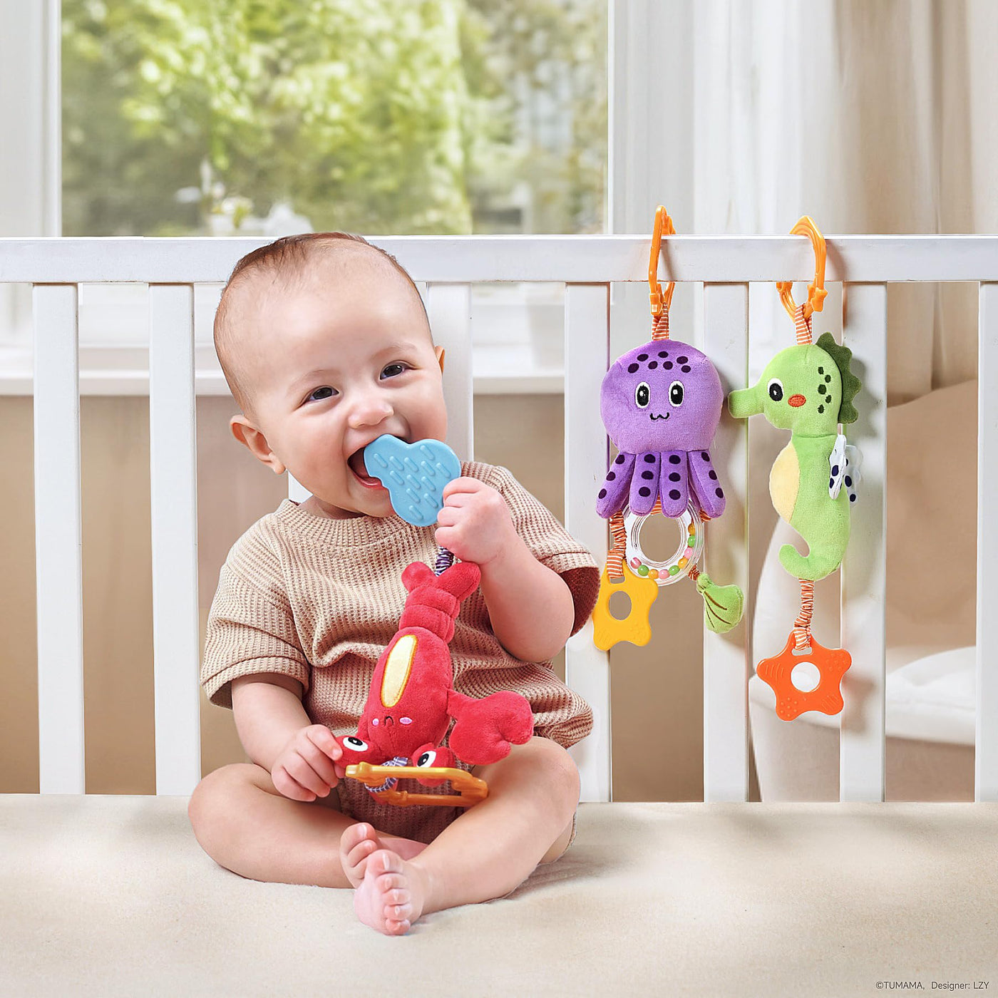 Baby Hanging Stroller Car Seat Toy,Soft Marine Animal Plush Toddler Rattles with Wind Chimes