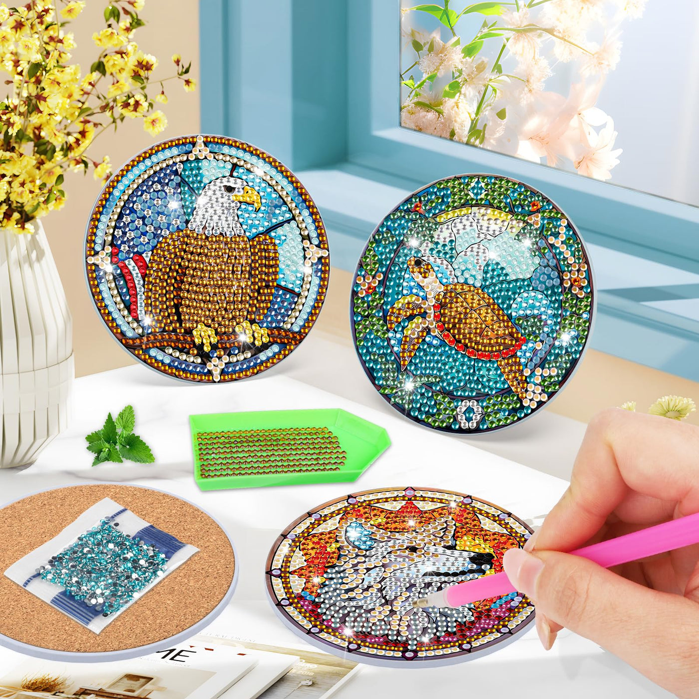 8 PCS Diamond Painting Coasters with Holder