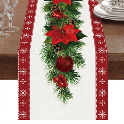 Christmas Table Runner Linen with Flowers Christmas Tree Bells Print, Long Rectangular Christmas Tablecloth for Christmas Dinner Table Decoration