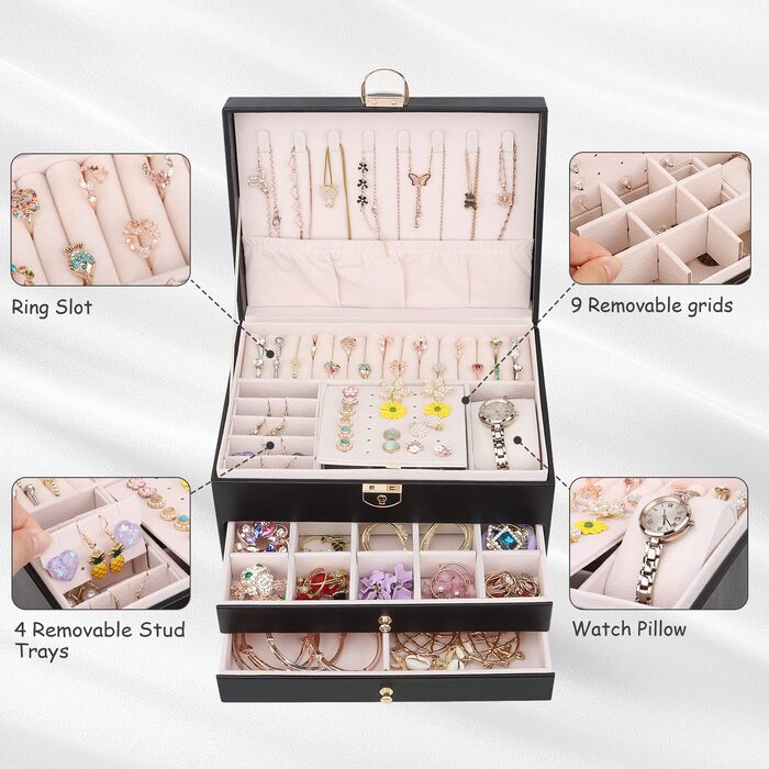 Jewelry box, jewelry box with 3 levels with drawers, large jewelry organizer for rings earrings, bracelets, necklaces