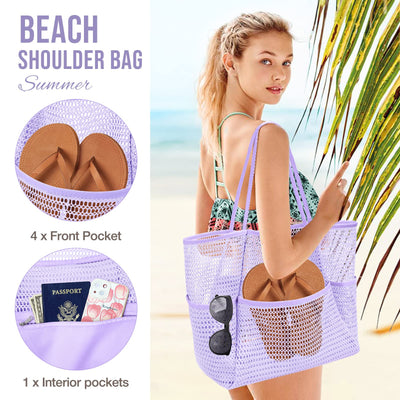 Sac de plage en maille, grand, pliable, sac de natation en maille avec poches, étanche au sable, étanche à l'eau