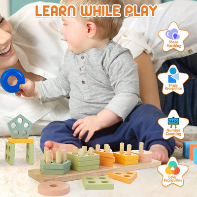 Wooden shape sorter educational toy for toddlers Stacking blocks Motor skills toy