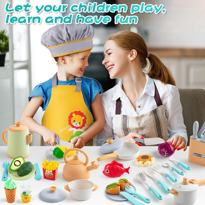 Children's kitchen accessories and pot set for role play, play kitchen accessories with cooking uniform fruit