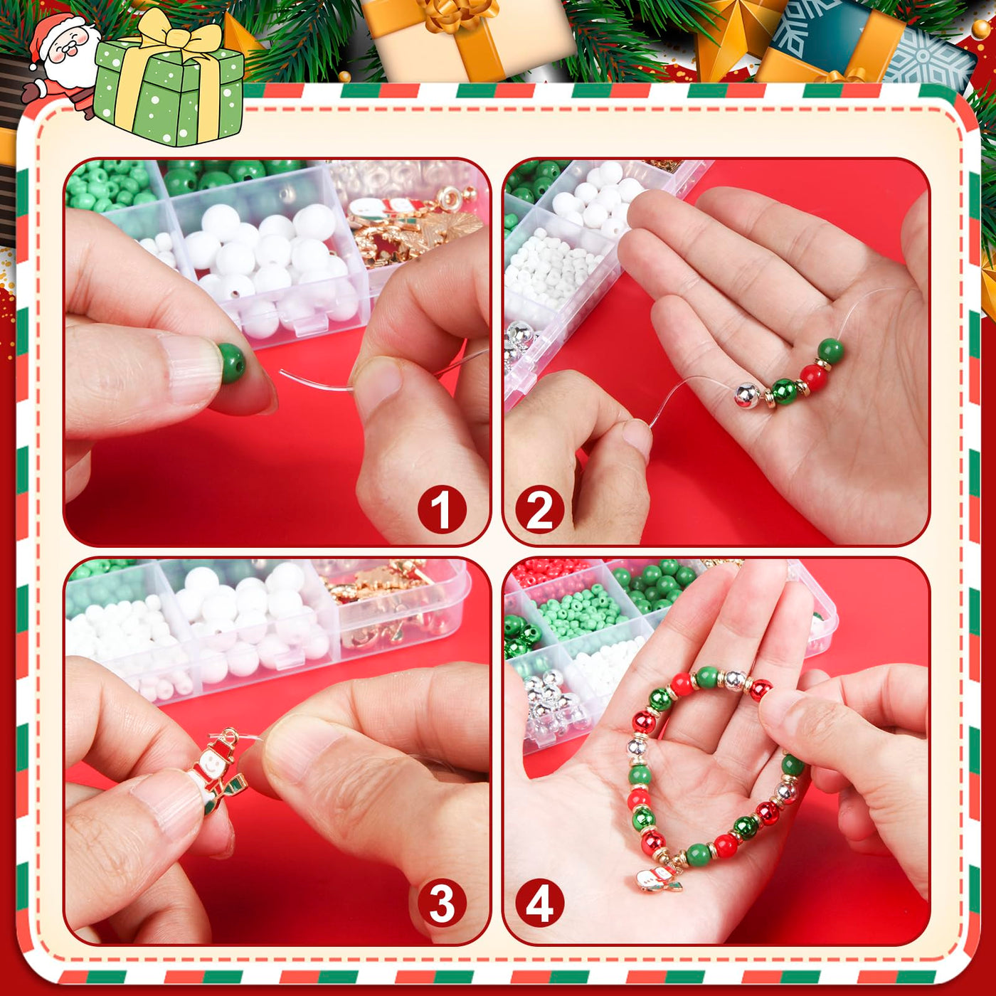 Make your own set of beads for stringing with Christmas tree pendants and clay beads