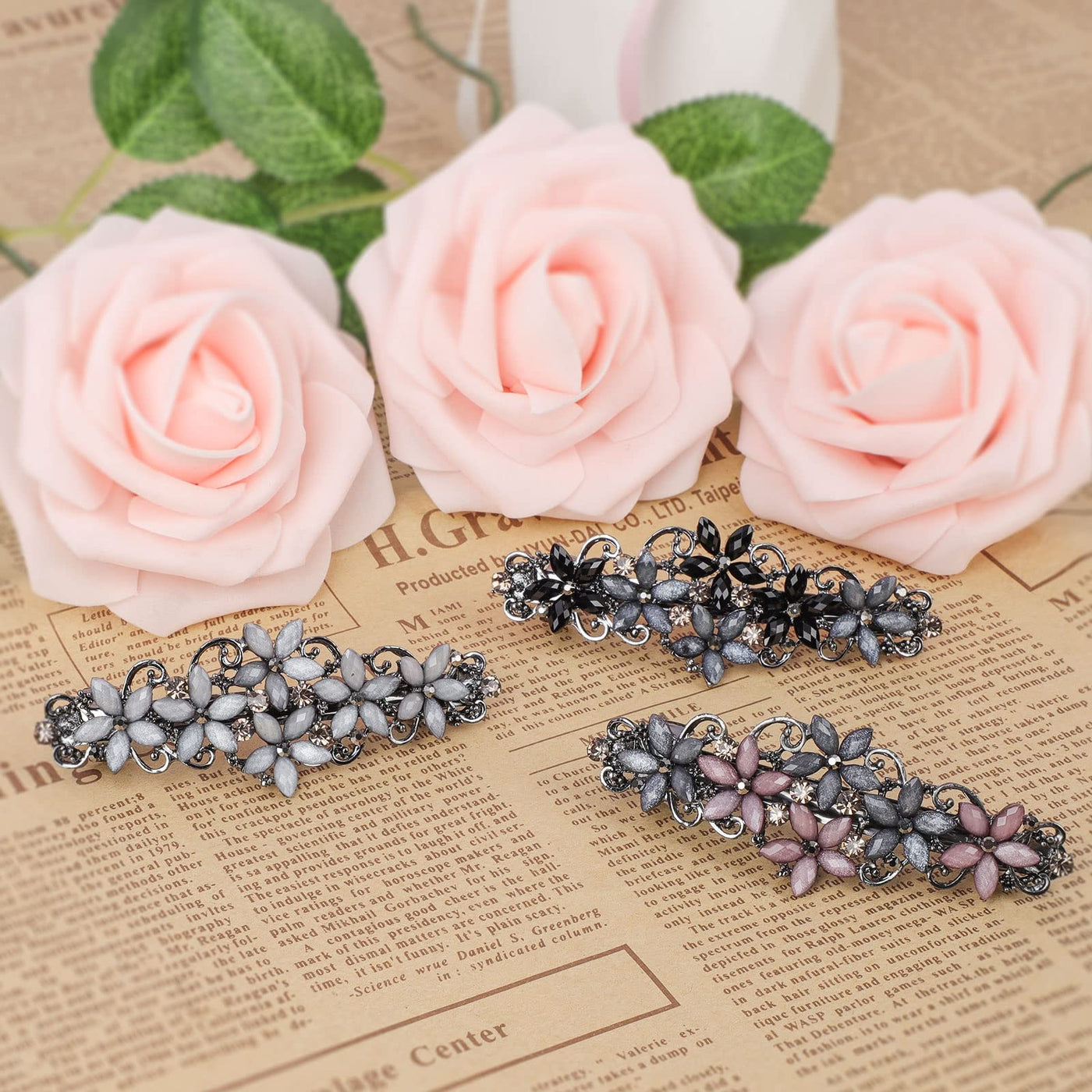 3 pieces Elegant barrettes Exquisite flower crystal barrettes Vintage