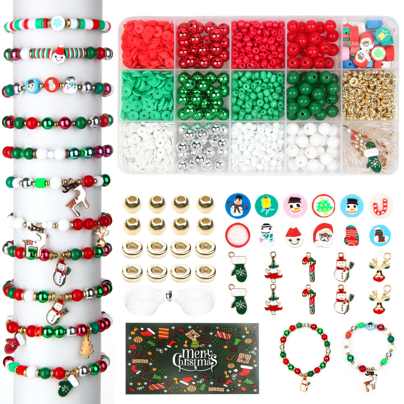 Make your own set of beads for stringing with Christmas tree pendants and clay beads