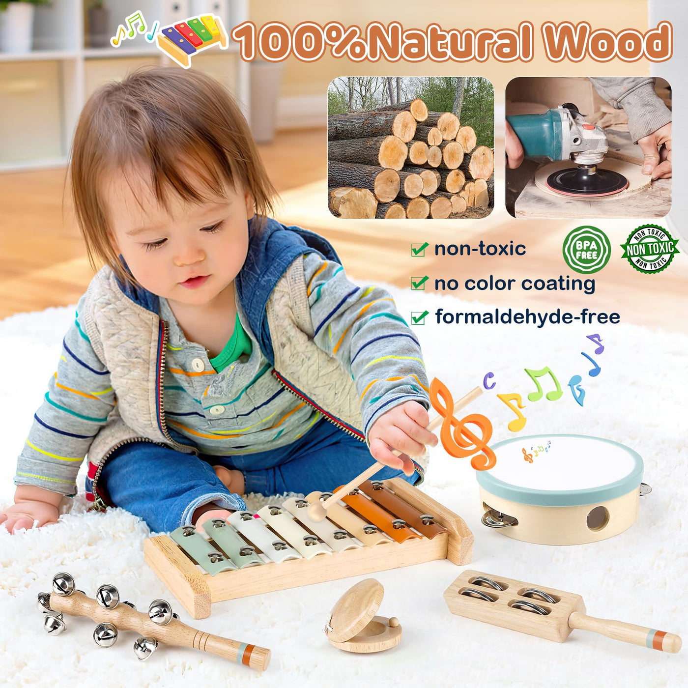 Instruments de musique pour enfants en bas âge, instruments de musique en bois aux couleurs neutres pour les enfants en bas âge