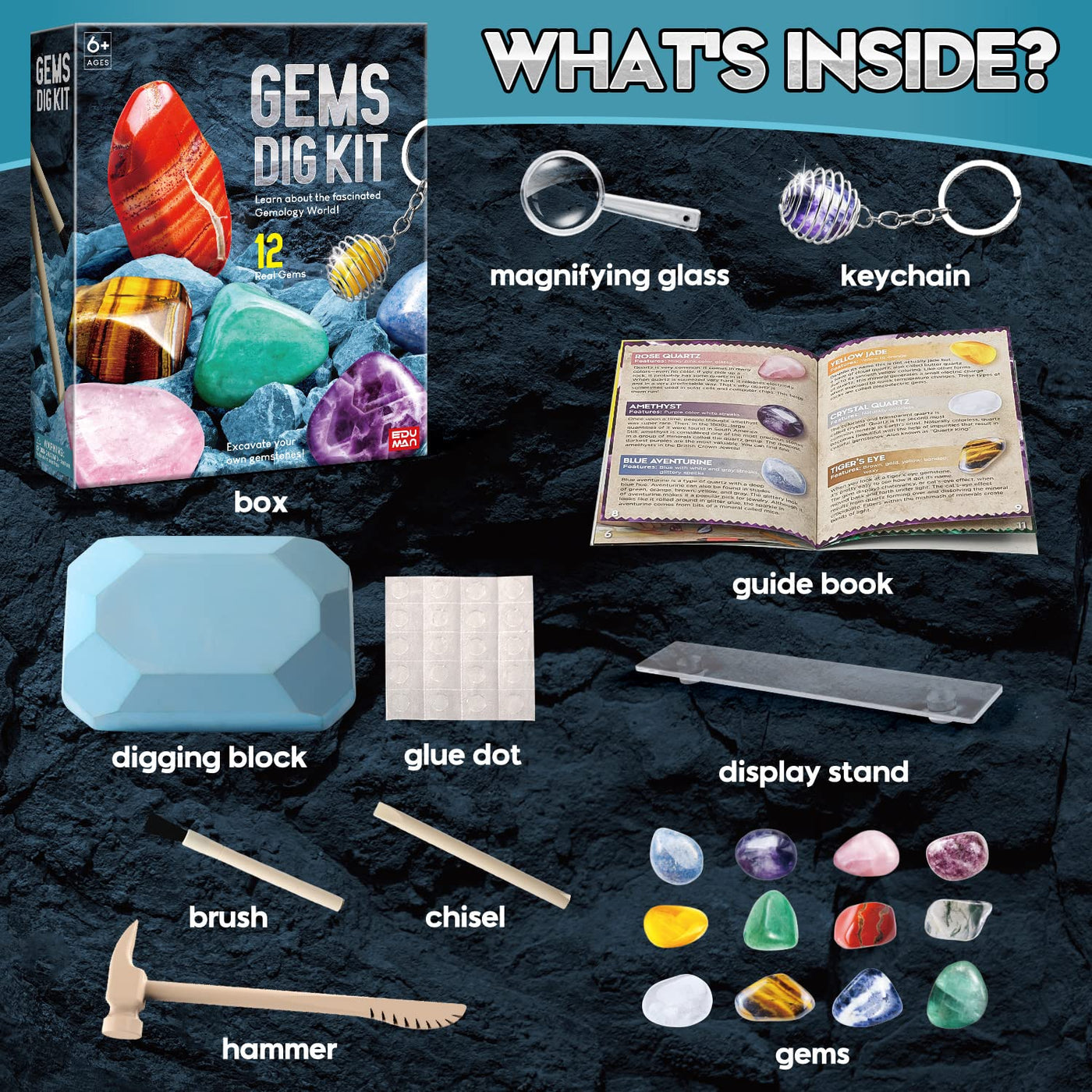 Excavation set for children Experiment set Excavate 12 real minerals gemstones yourself, with hammer and chisel