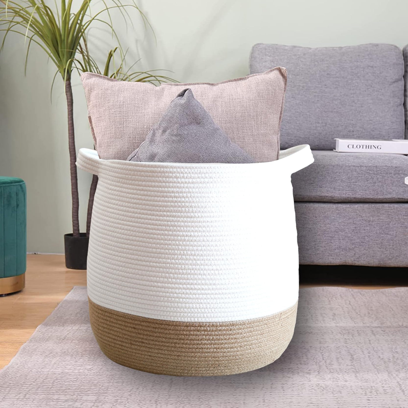 Large basket made of cotton rope, woven storage basket for toys, laundry and blanket organizer