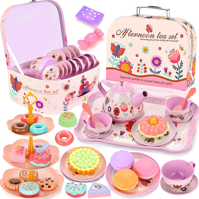 Children's tea set, 46 pieces dolls tableware children's kitchen Tin teapot set