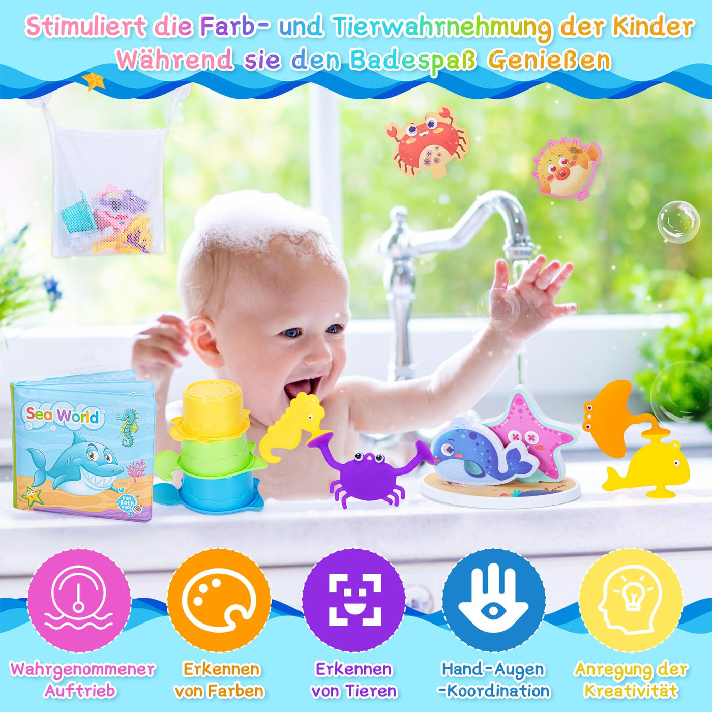 Jouets de bain Livre de bain, autocollants flottants pour l'heure du bain, gobelet empilable non étanche, jouets à ventouse, set de jouets de bain éducatif avec filet de rangement pour jouets de bain