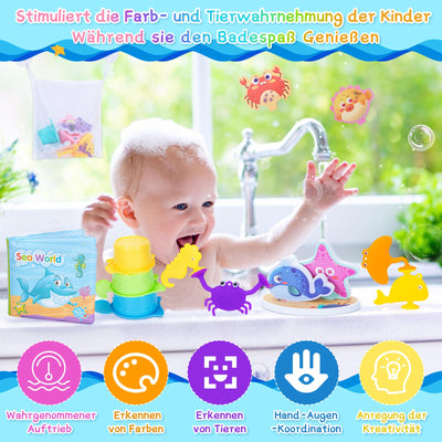 Jouets de bain Livre de bain, autocollants flottants pour l'heure du bain, gobelet empilable non étanche, jouets à ventouse, set de jouets de bain éducatif avec filet de rangement pour jouets de bain