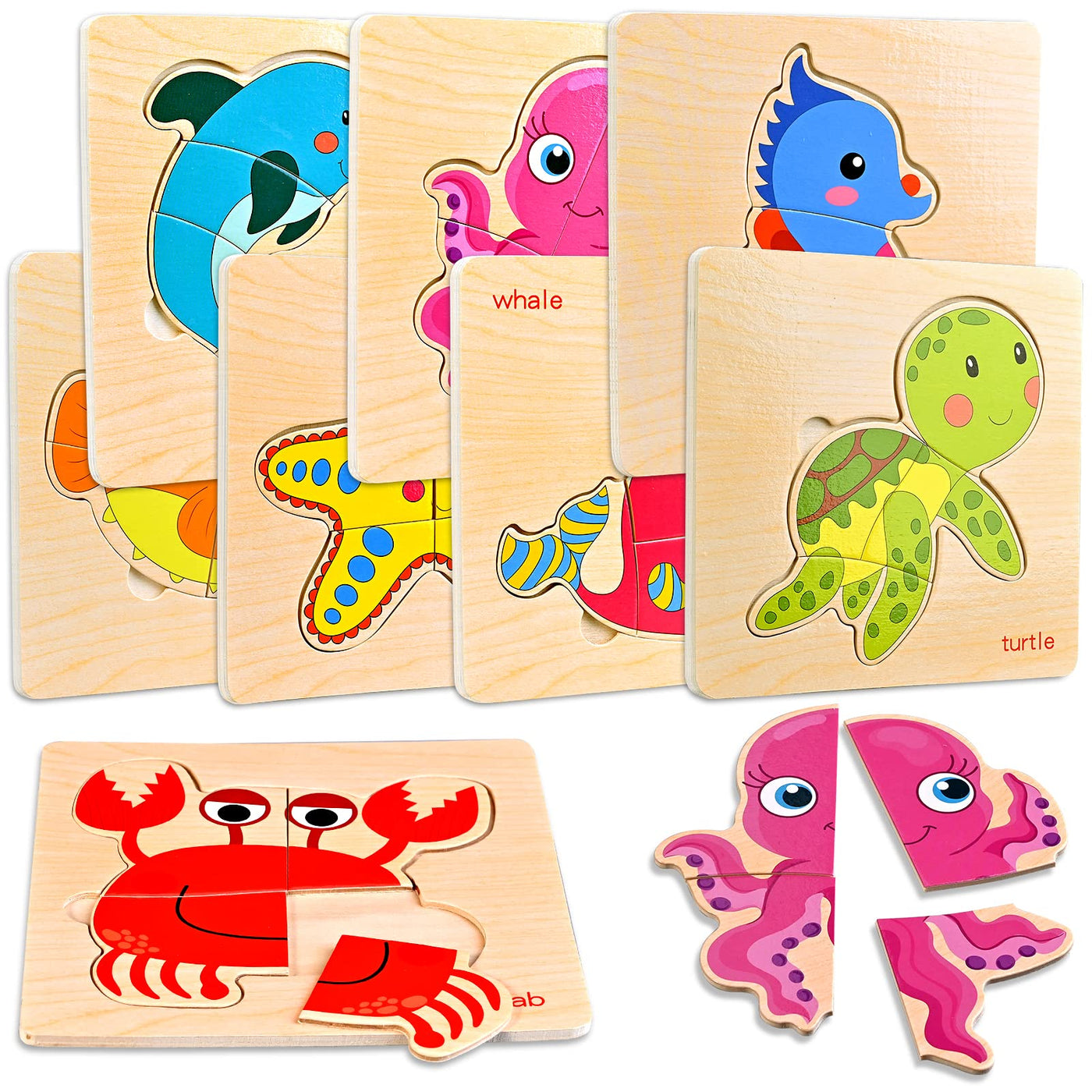 Puzzle en bois, puzzle en bois 8pcs, jouet en bois, puzzle en bois, cadeau animaux marins
