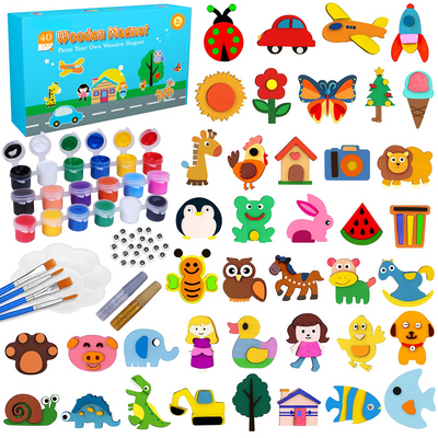 Set de peinture pour enfants, set de bricolage pour enfants 40 pièces aimant frigo pour peinture et bricolage aimant en bois