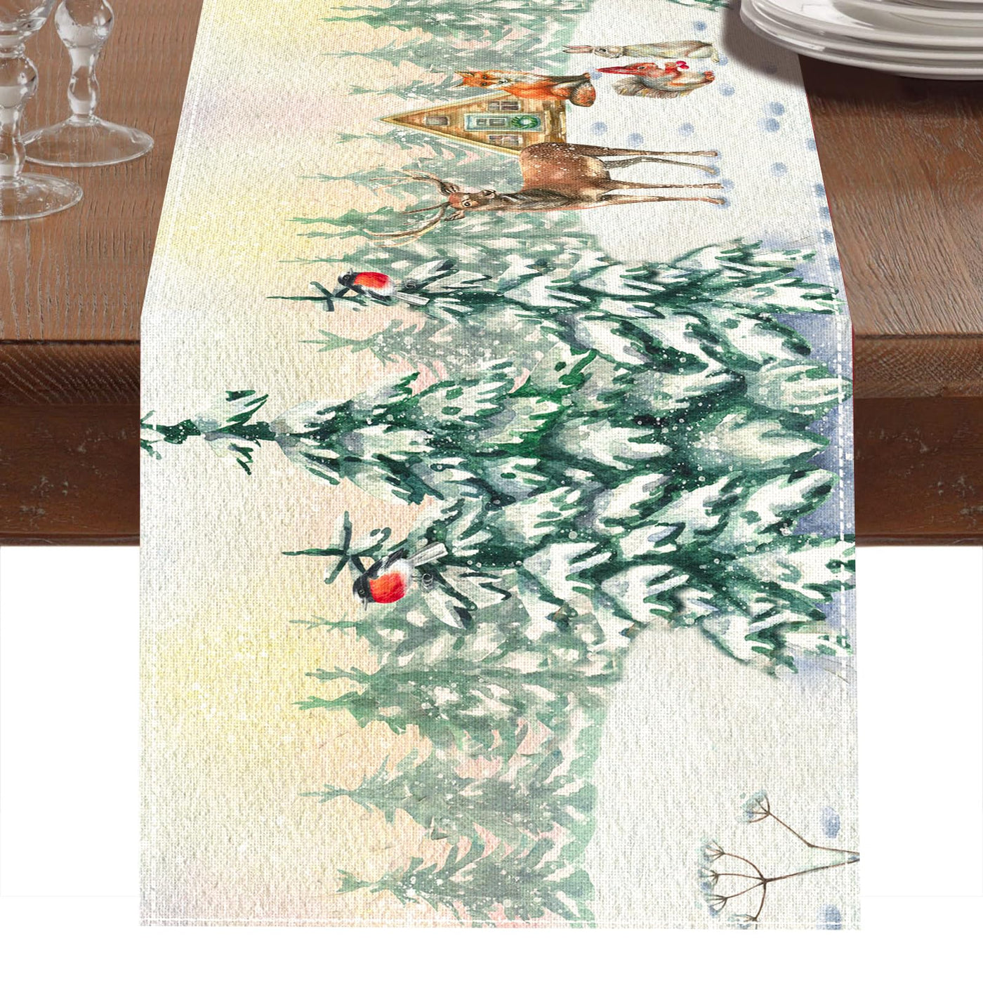 Table runner Christmas trees, seasonal winter Christmas kitchen dining table decoration