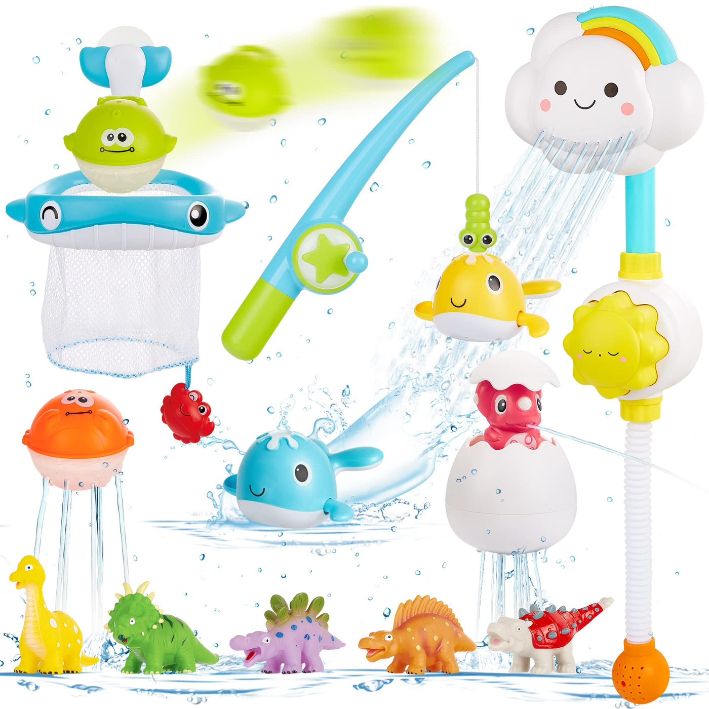 Jouet de baignoire avec sac de rangement, jouet de bain jouet de baignoire jouet d'eau enfants avec douche, jeu de pêche de dinosaure sans moule à remonter