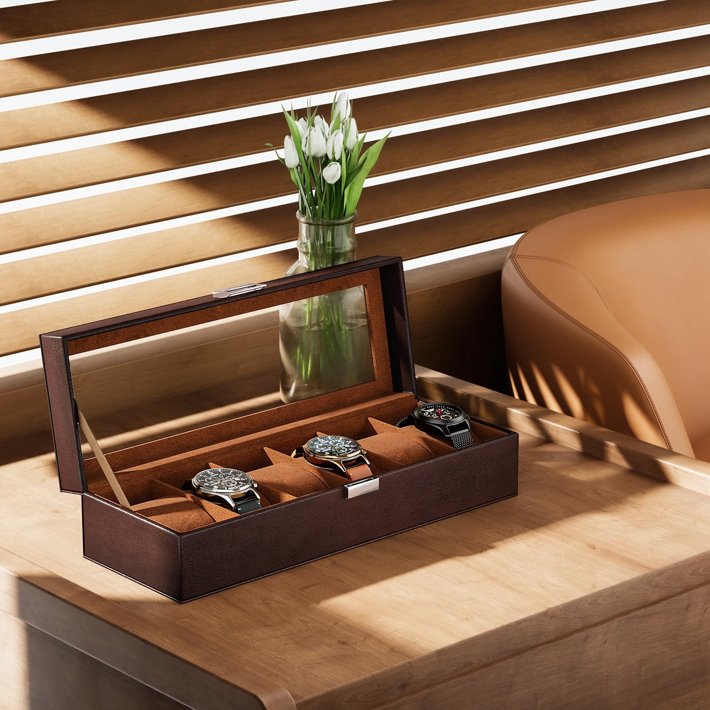 Boîte à montres avec 6 compartiments, boîte à montres avec couvercle en verre, boîte à montres avec coussin pour montres, rangement pour montres