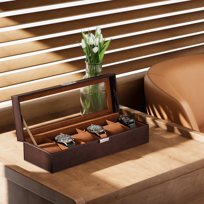 Boîte à montres avec 6 compartiments, boîte à montres avec couvercle en verre, boîte à montres avec coussin pour montres, rangement pour montres