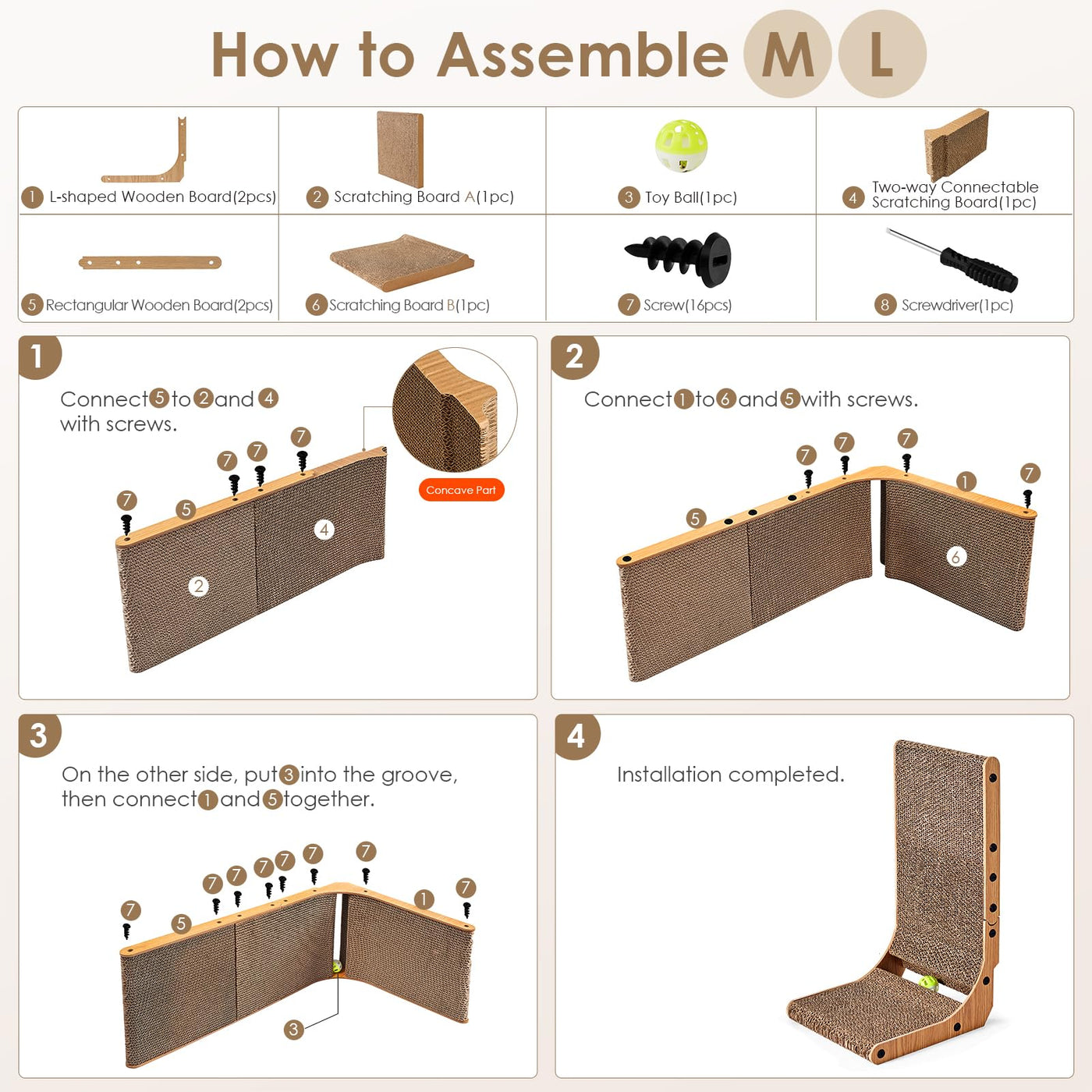 Planche à gratter pour Chat, Planche à Gratter en Forme de L de 68 cm de Haut pour Chats, Meubles à gratter haute Densité Résistants à l'usure avec Jouet pour Chat, Planche à gratter pour Chat pour Mur et Coin, Grand