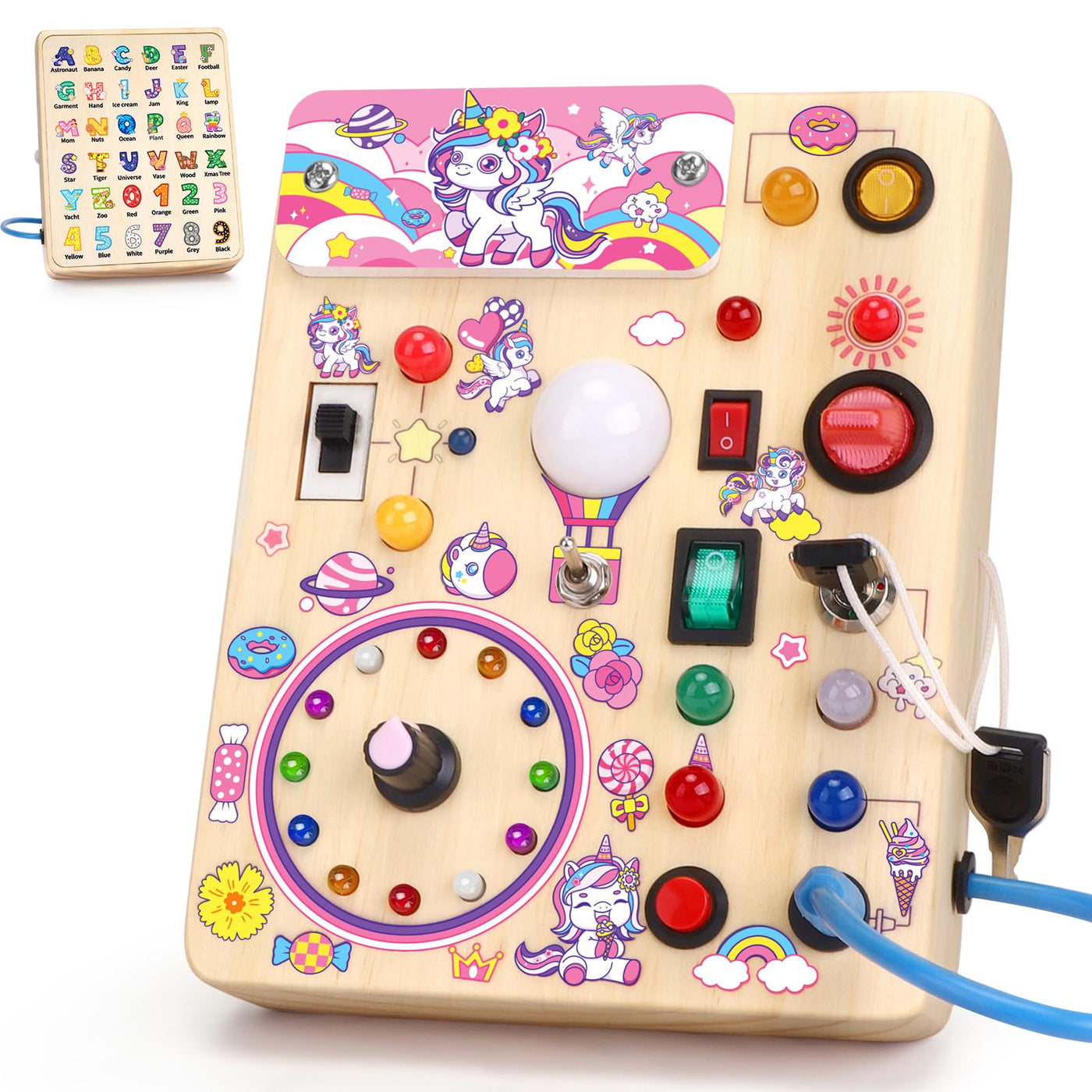 Busy Board Activity Board wooden toy With 10 switches and 23 LED lights Sensory toy Motor activity toy for babies