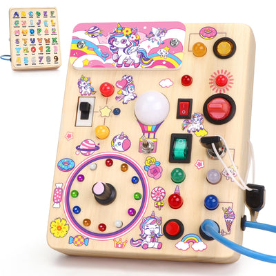 Busy Board Activity Board wooden toy With 10 switches and 23 LED lights Sensory toy Motor activity toy for babies