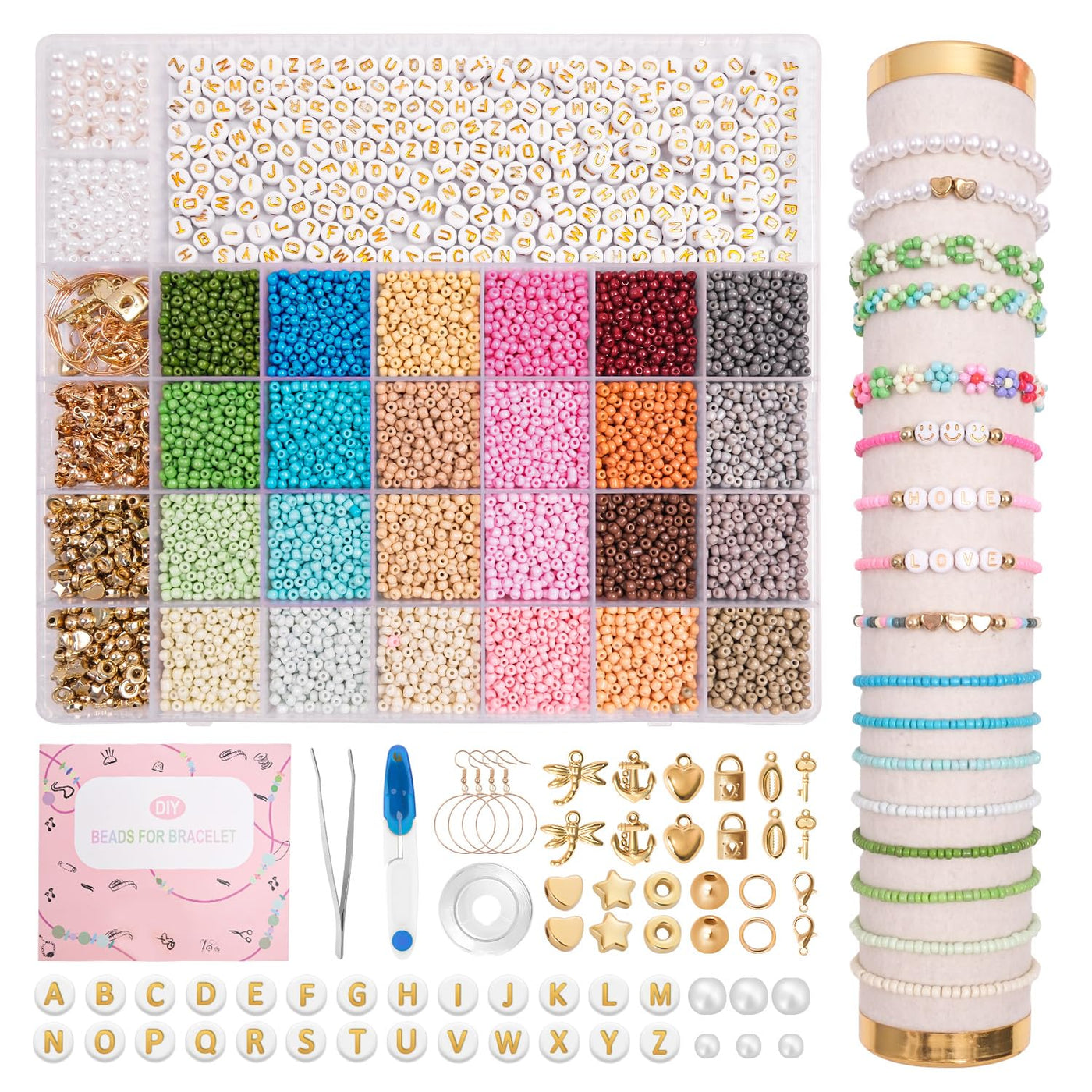 24 Color DIY Make Beads for Bracelets Set,with Golden Letter Beads DIY