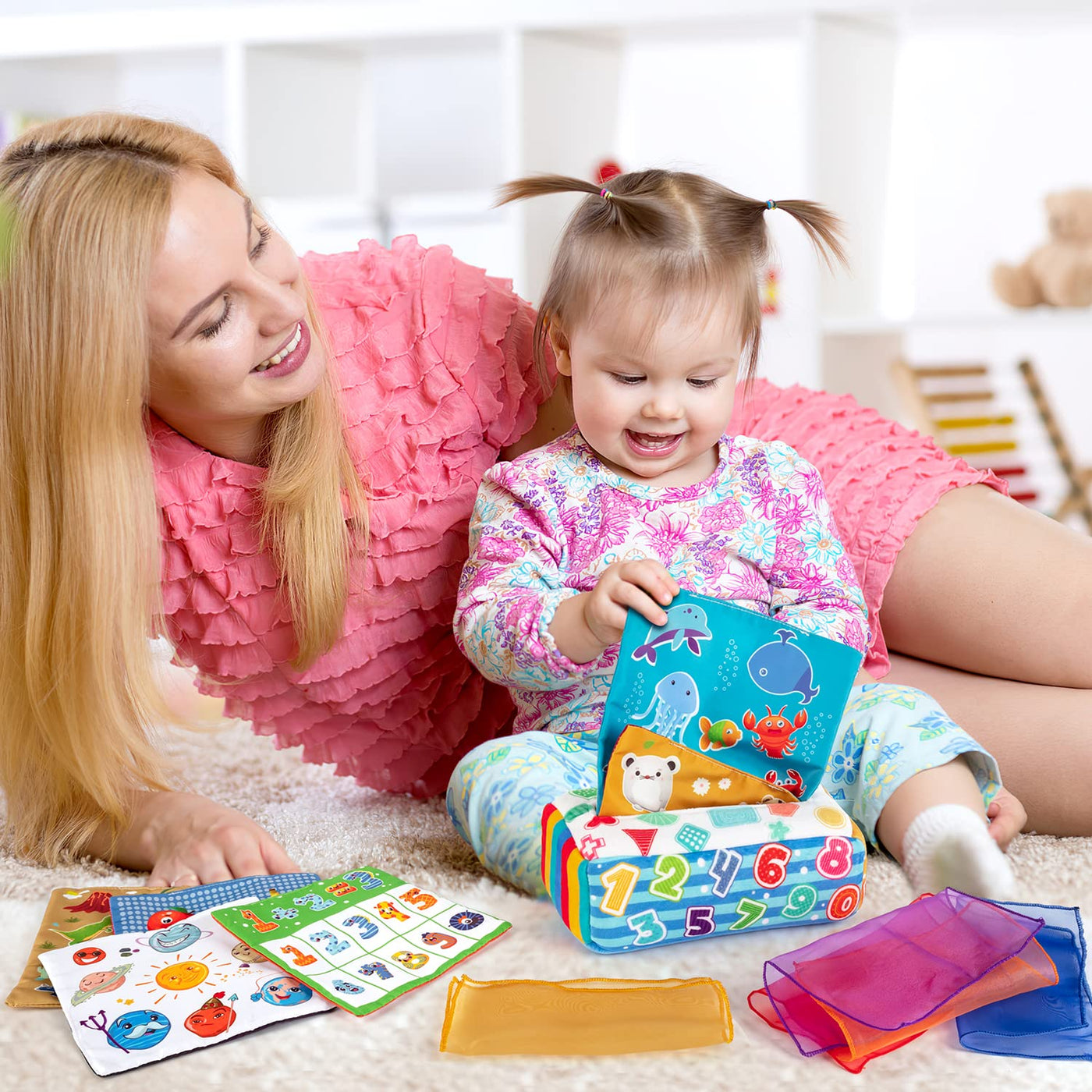 Interactive sensory toddler wipe box