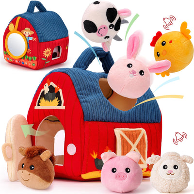 Baby toy - Stuffed farm animals with barn, rattle, mirror - Busy farm animal sorting sensory toy for toddlers