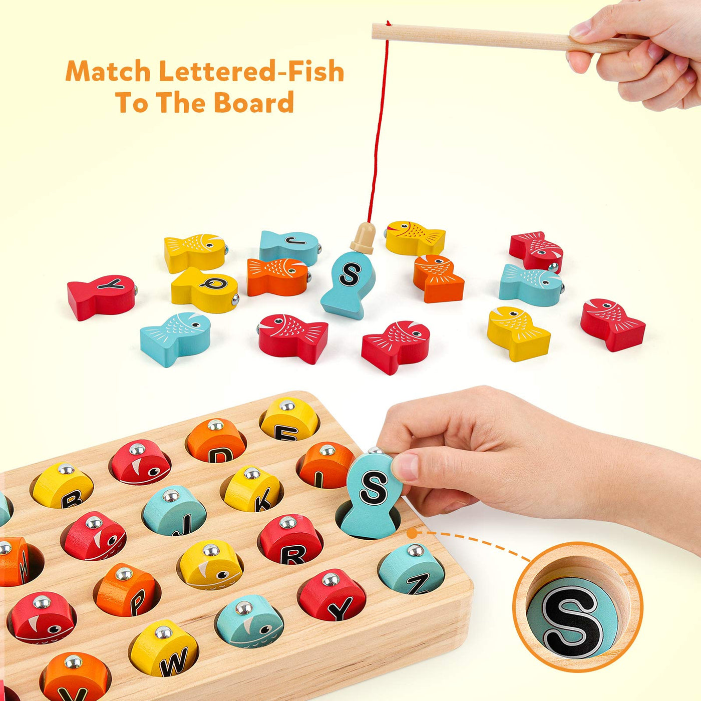 Wooden magnetic fishing game, fine motor skills toy ABC alphabet color sorting puzzle