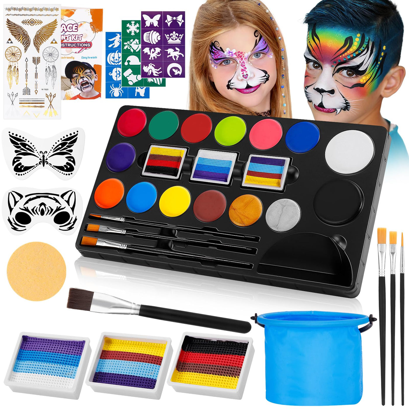 Children's Make-up Set,18 Colors 4 Professional Brushes,Quick Drying,Non-toxic Easy Wash Professional Body Painting Make-up Colors,Stencils,Cleaning Sponge