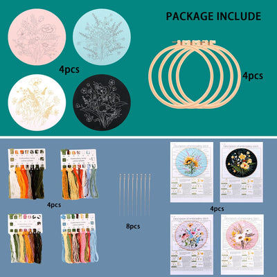 Ensemble de broderie pour débutants, 4 pièces de fleurs