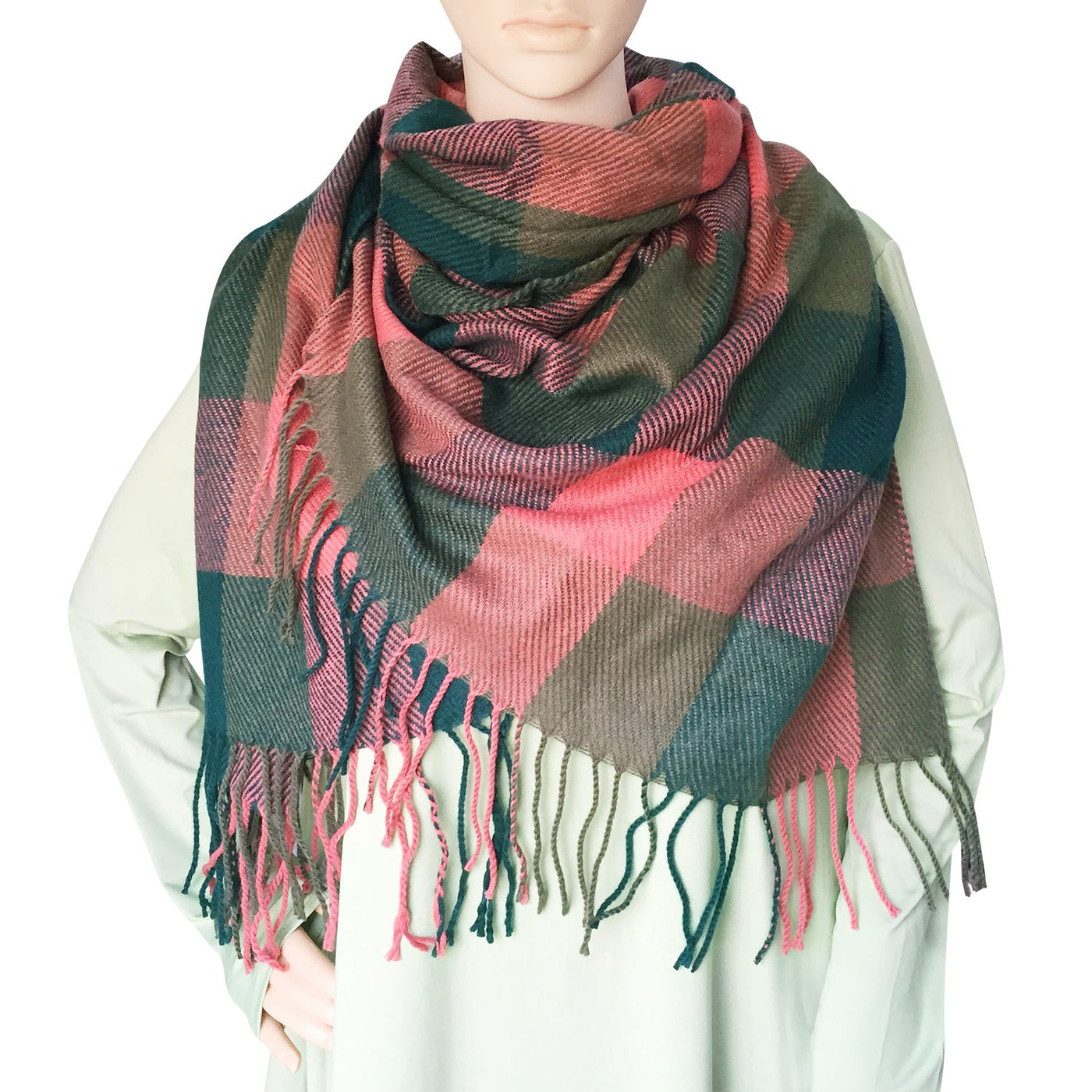 Winter scarf plaid oversized square blanket scarf, fringed poncho