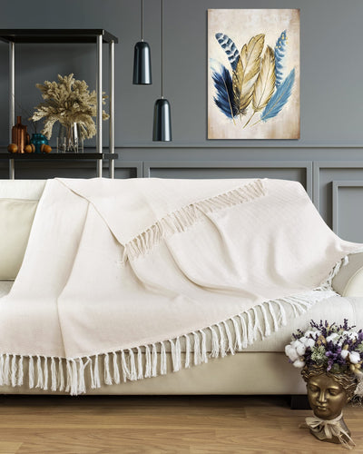 Premium bedspread with fringes - cotton blanket as bed throw, couch throw