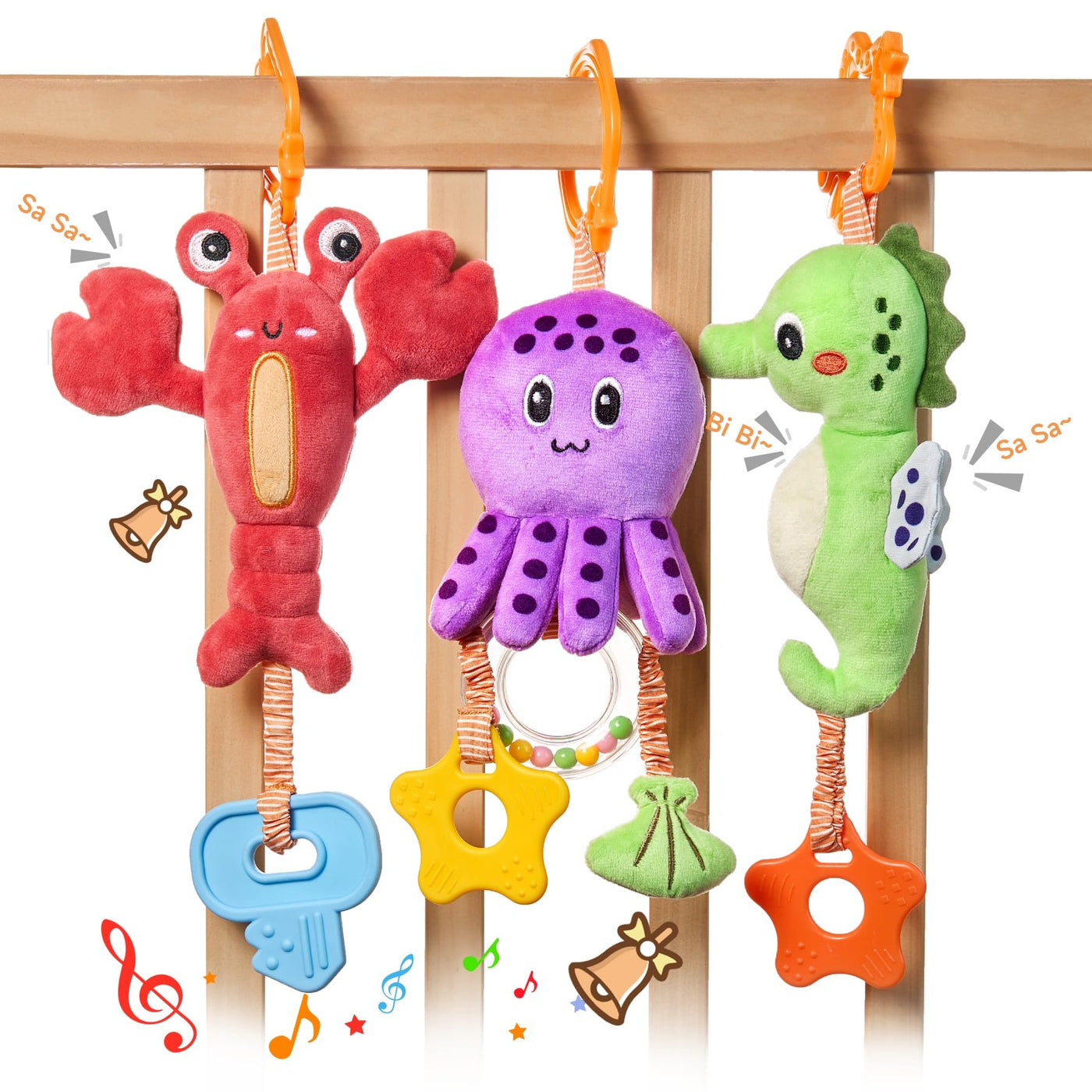 Baby Hanging Stroller Car Seat Toy,Soft Marine Animal Plush Toddler Rattles with Wind Chimes