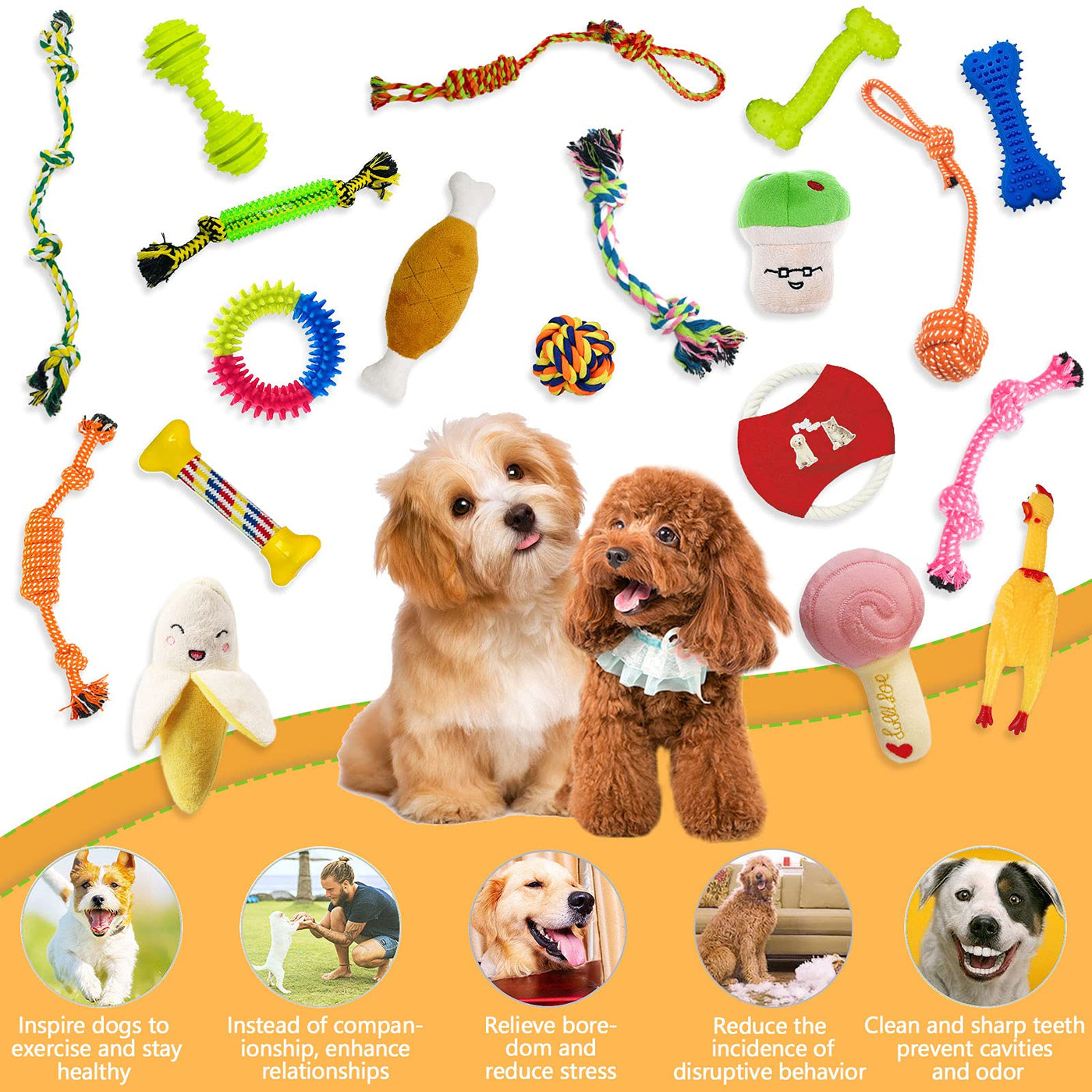 19 pièces Jouets de corde pour chien - Éviter l'ennui et l'anxiété pour les chiots Jeu de dentition pour les petits, moyens et grands chiens Jouets de corde en coton Jouet à mâcher interactif
