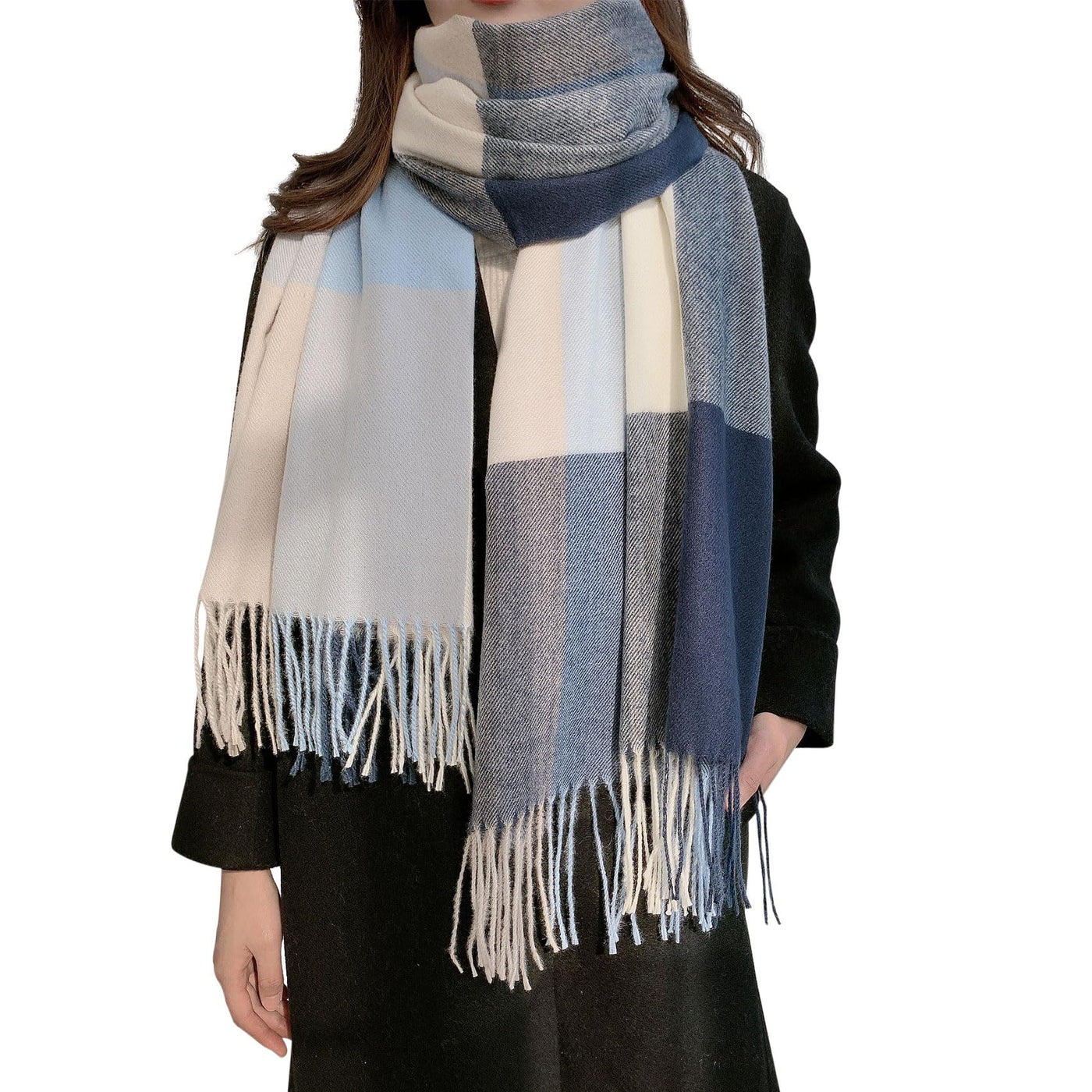 Winter scarf plaid oversized square blanket scarf, fringed poncho