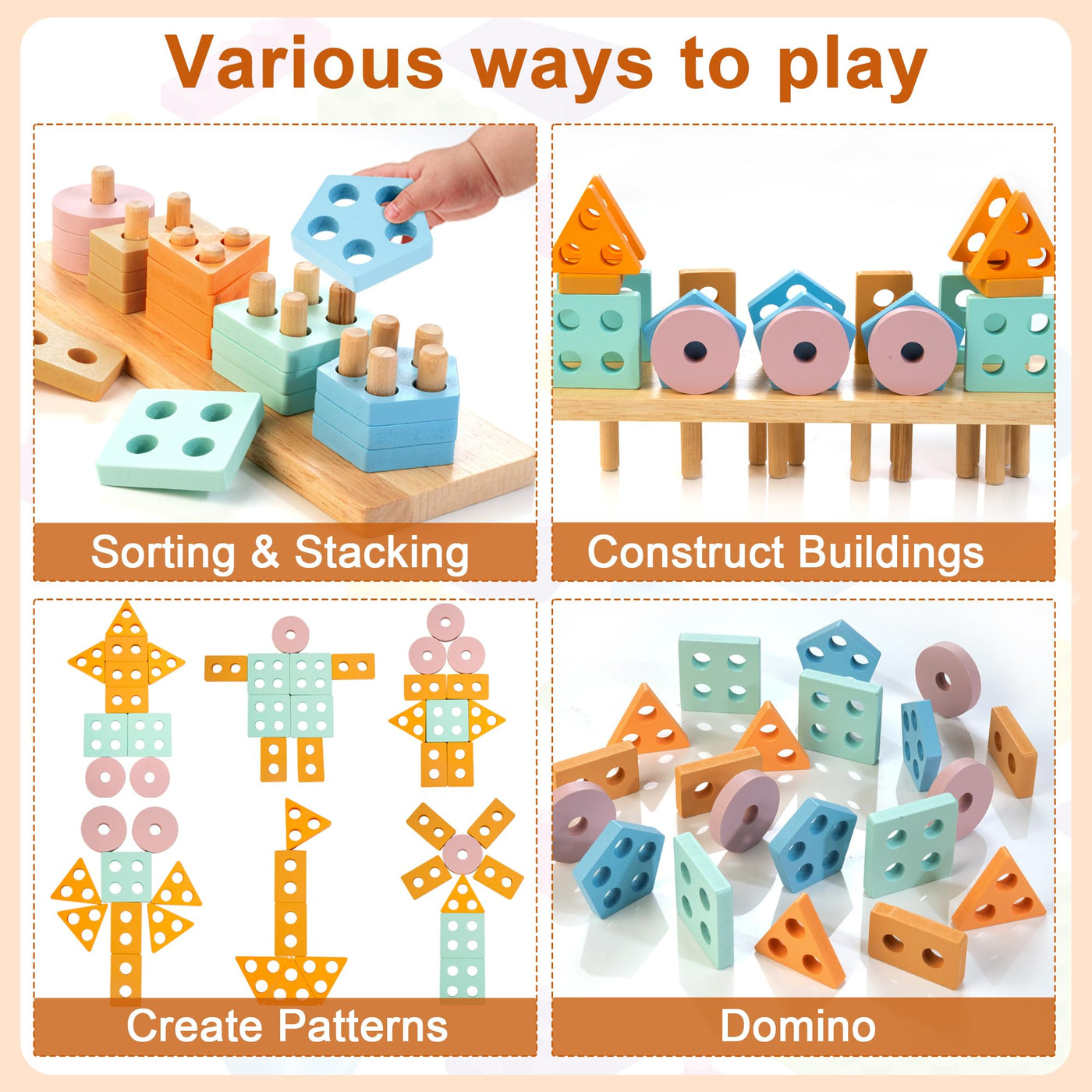 Matching wooden toys for preschoolers, shape and color sorting box, wooden stacking toys including geometric blocks and math counters