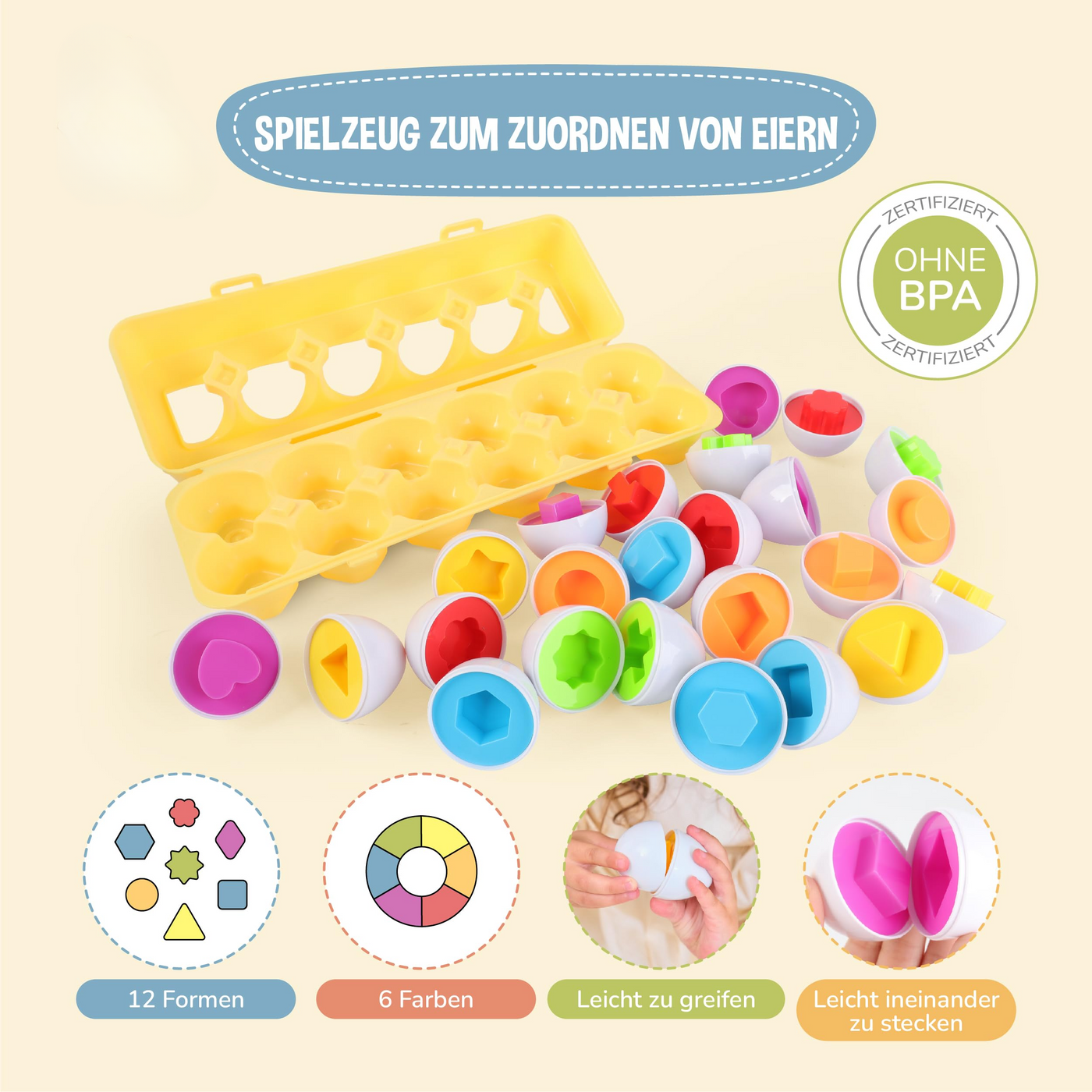 Plastic eggs for matching shapes and colors - Promotes creativity