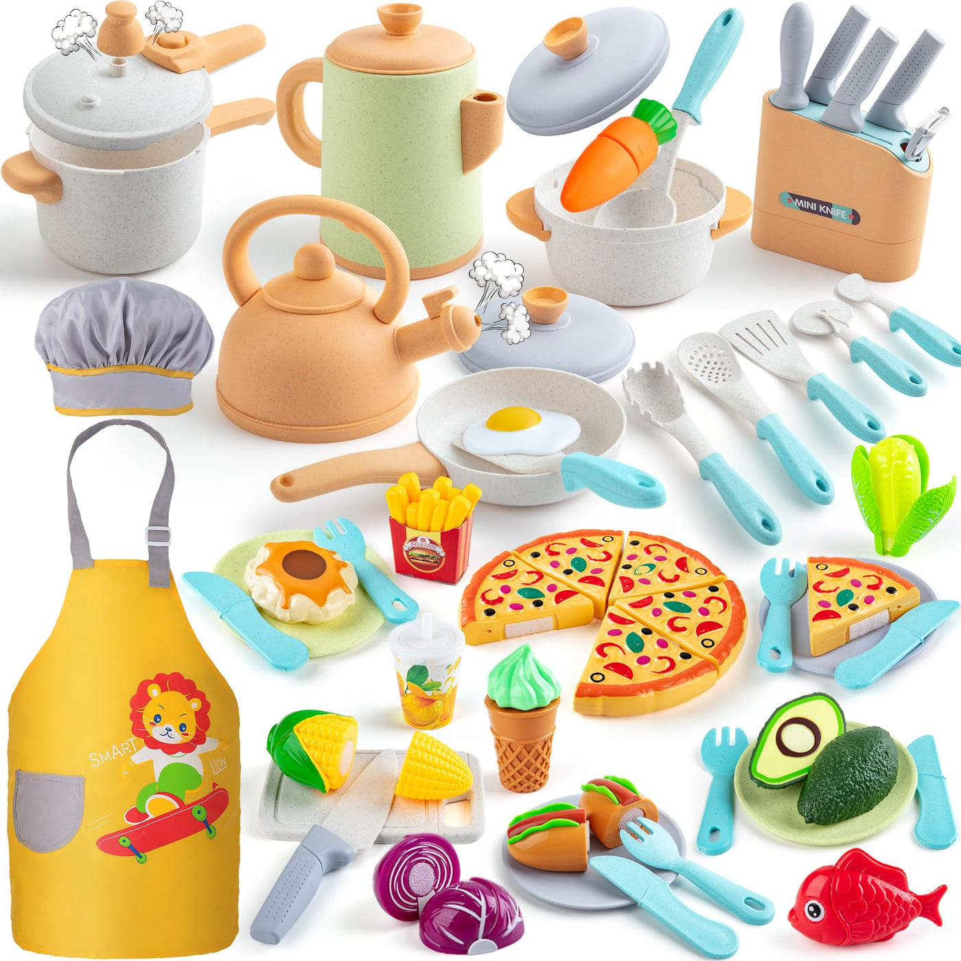 Children's kitchen accessories and pot set for role play, play kitchen accessories with cooking uniform fruit