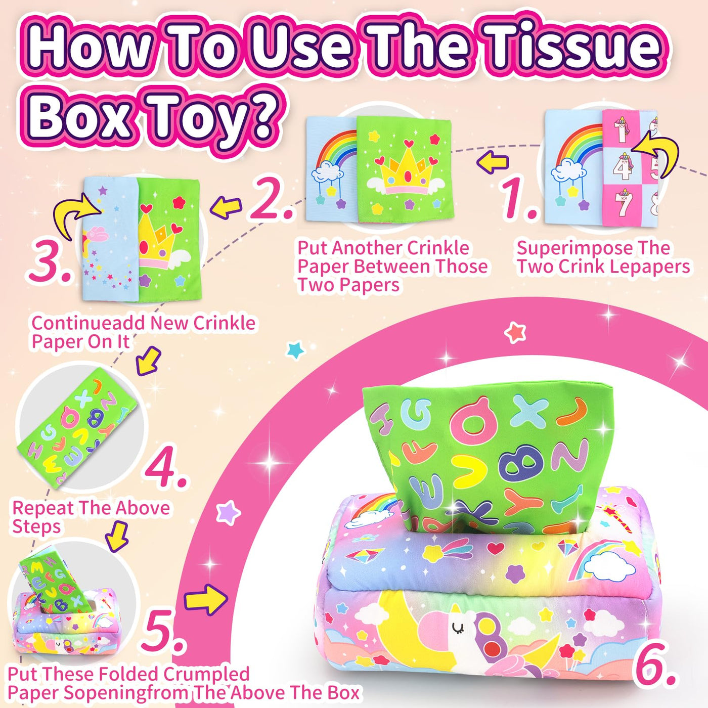 Boîte de mouchoirs en papier avec licorne lettre couleur texture chiffre, jouet d'éveil