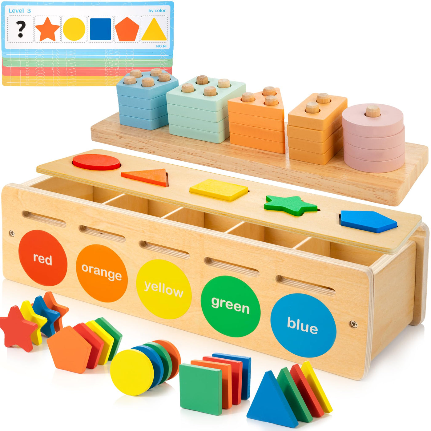 Matching wooden toys for preschoolers, shape and color sorting box, wooden stacking toys including geometric blocks and math counters