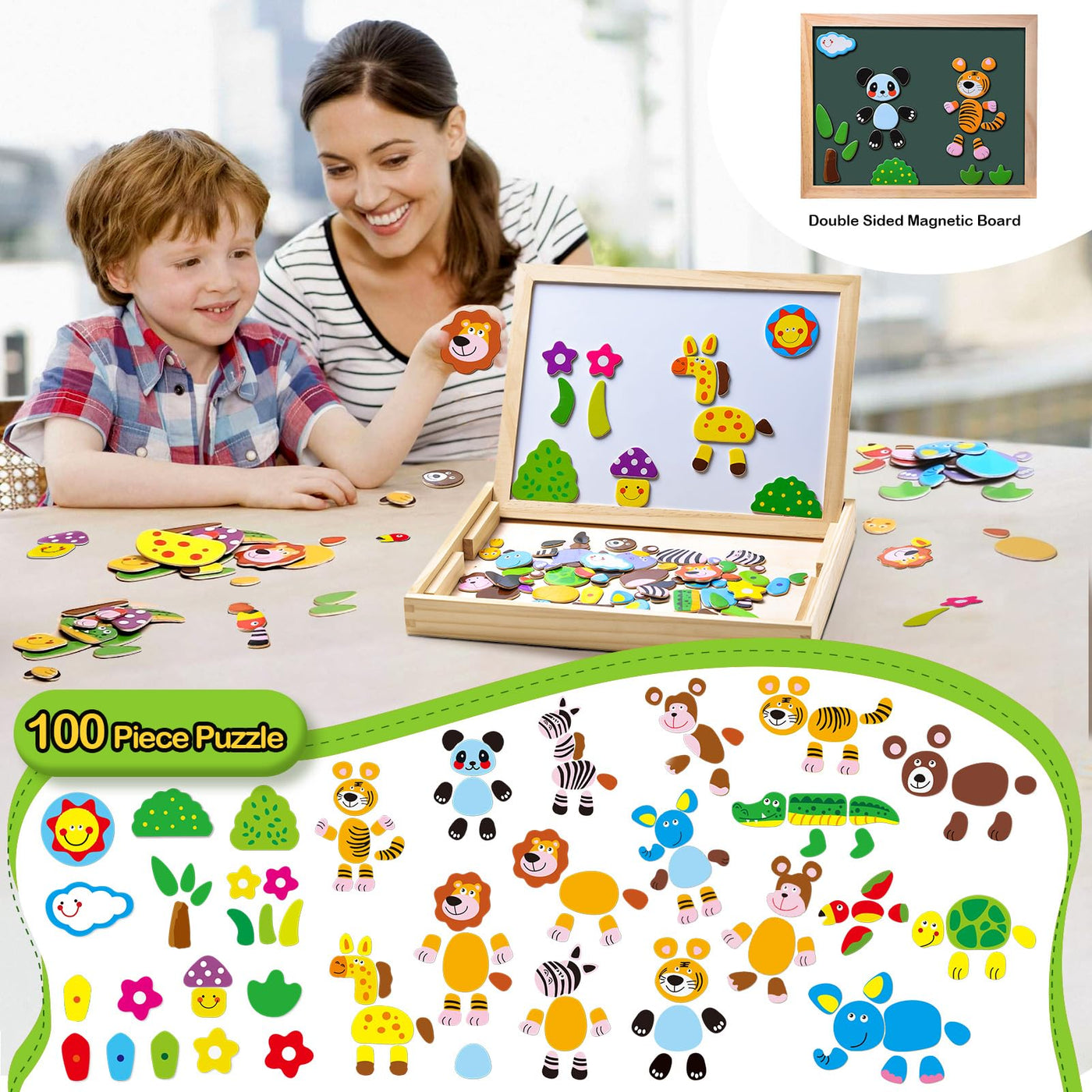 Magnetic wooden puzzles, double-sided magnetic drawing board with 3 color markers for children